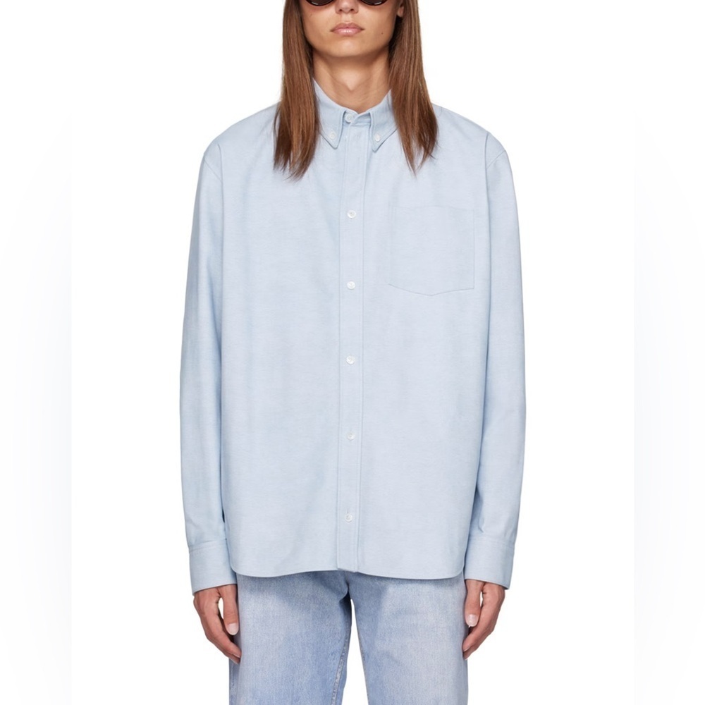 BOTTEGA VENETA Blue Printed Leather Shirt Button Front Long Sleeve DEFECT Men 52